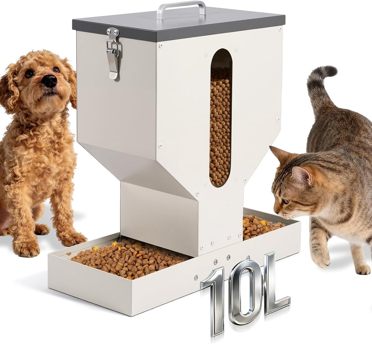 Voederstation voor katten met 2 kommen, droogvoer dispenser van 10 L, eenvoudig schoon te maken en geschikt voor kleine honden