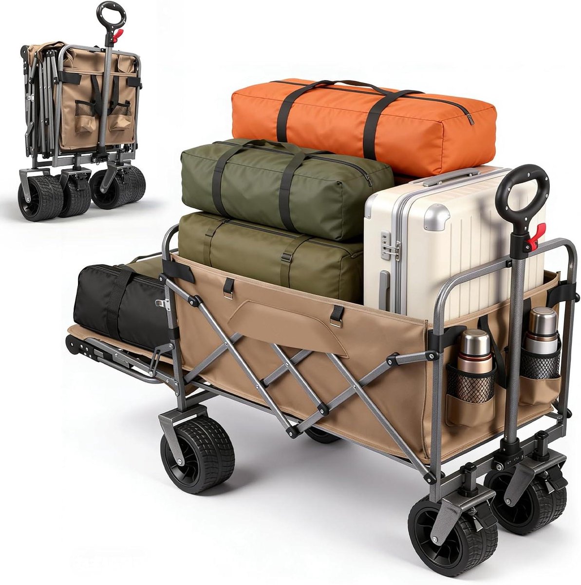 Bolderkar Opvouwbaar - Draagkar Tuin - Buitenshuis Transport - Veel Opbergruimte - 93x82x53 cm - Kaki