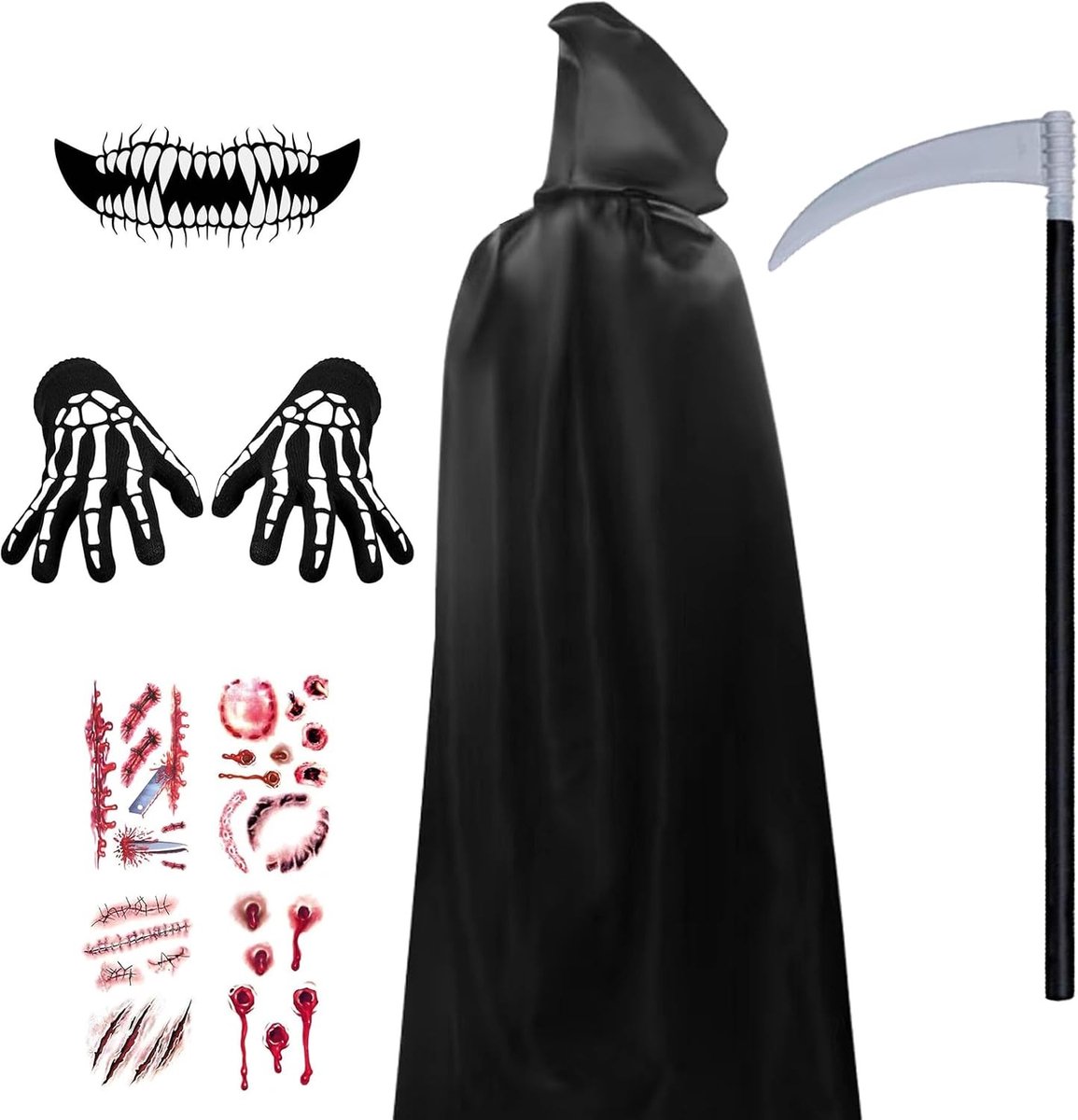 Halloween Mantel - Zwart - L - Unisex Kostuum met Kap en Zeis - Voor Cosplay en Carnaval
