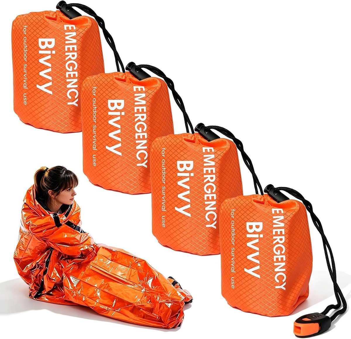 Noodsurvival Slaapzak - Oranje - 10 x 6,5 cm - Waterdichte Bivakzak met Signaalfluitje - Voor Kamperen en Outdoor