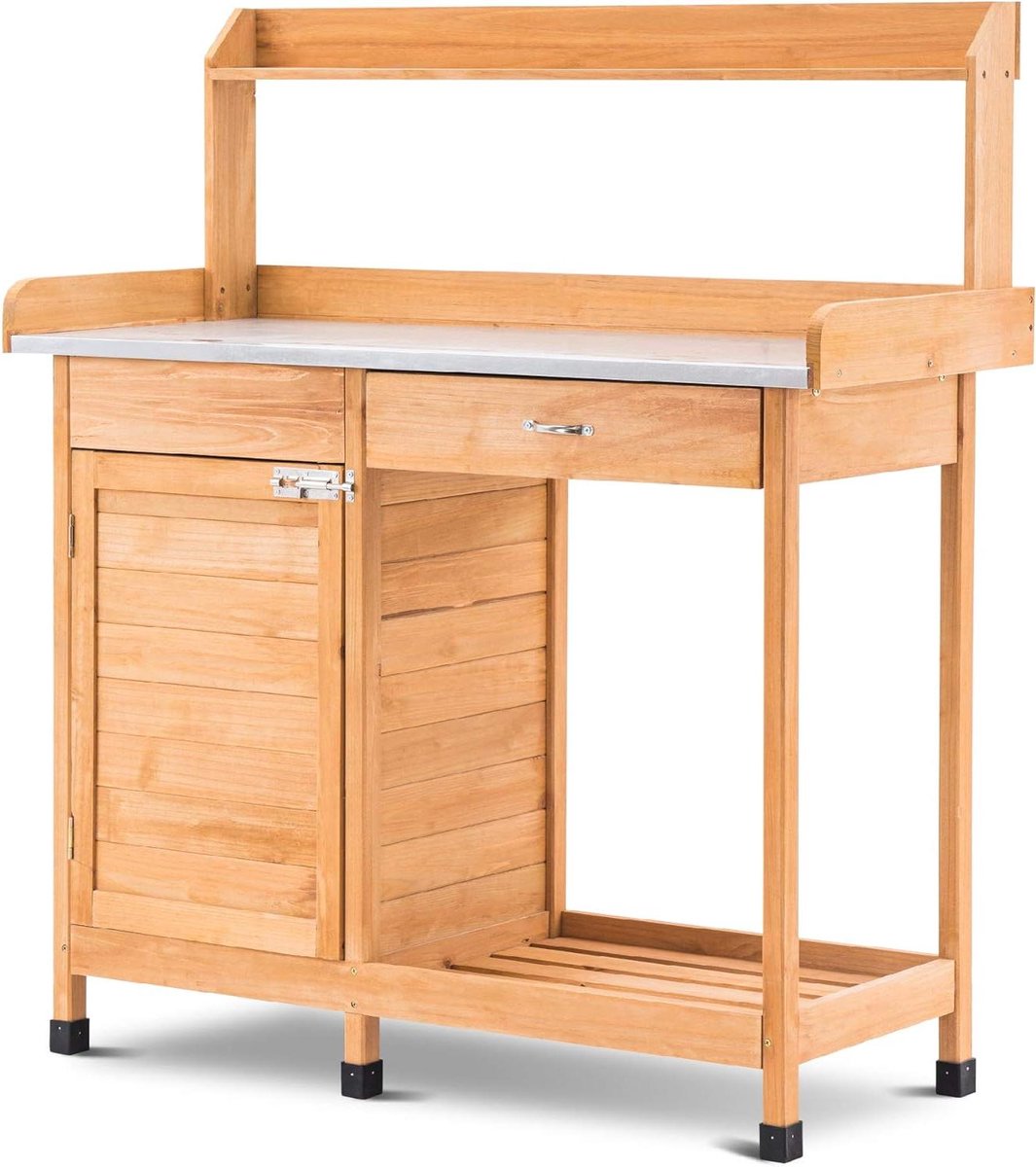 Planttafel met Kast - Tuin Werktafel - Planten Verpotten - Gegalvaniseerd Werkblad - 48x112x126 cm - Natuurlijk
