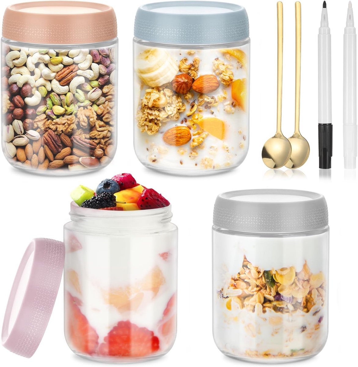 4 Stuks 500ml Glazen Voor Overnight Oats, Maaltijd Prep Glazen met Deksel voor Jam, Yoghurt en Pudding om Makkelijk Mee te Nemen