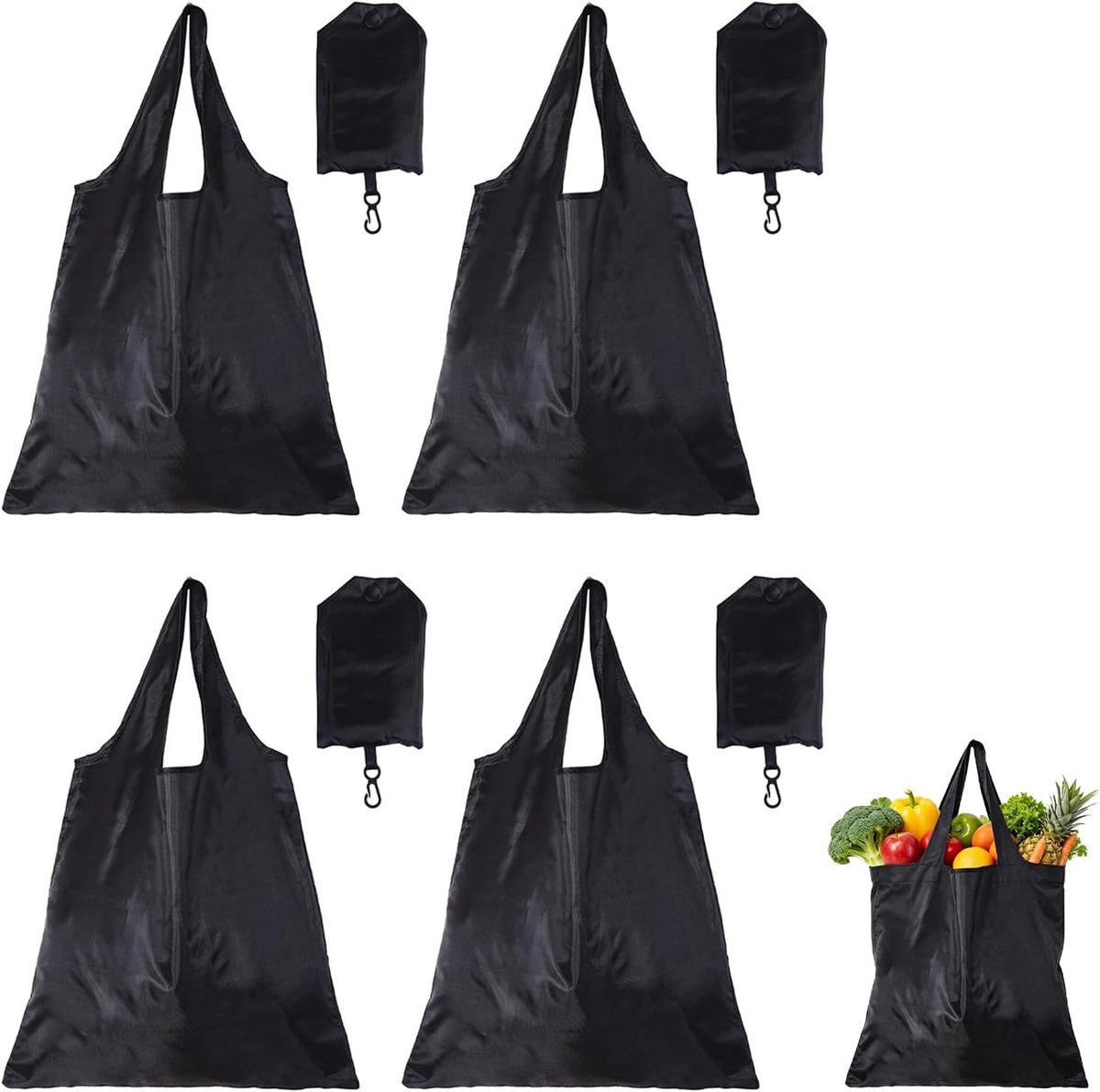 Set van 4 Vouwbare Winkeltassen van Oxford Stof met Karabijnhaken - Herbruikbare Tassen voor Boodschappen, Voedsel en Reizen