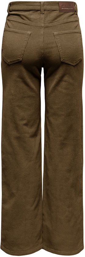 Achterkant van een bruine corduroy broek met wijde pijpen en opgestikte zakken.