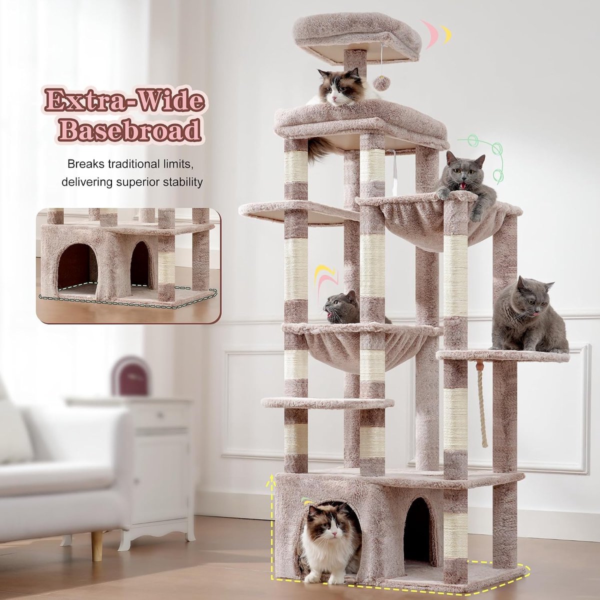 Krabpaal Groot - Kattenmeubel XL - Katten Klimmen Spelen - Extreem Stabiele Basis - 180 Cm Hoog - Bruin Beige thumbnail 3