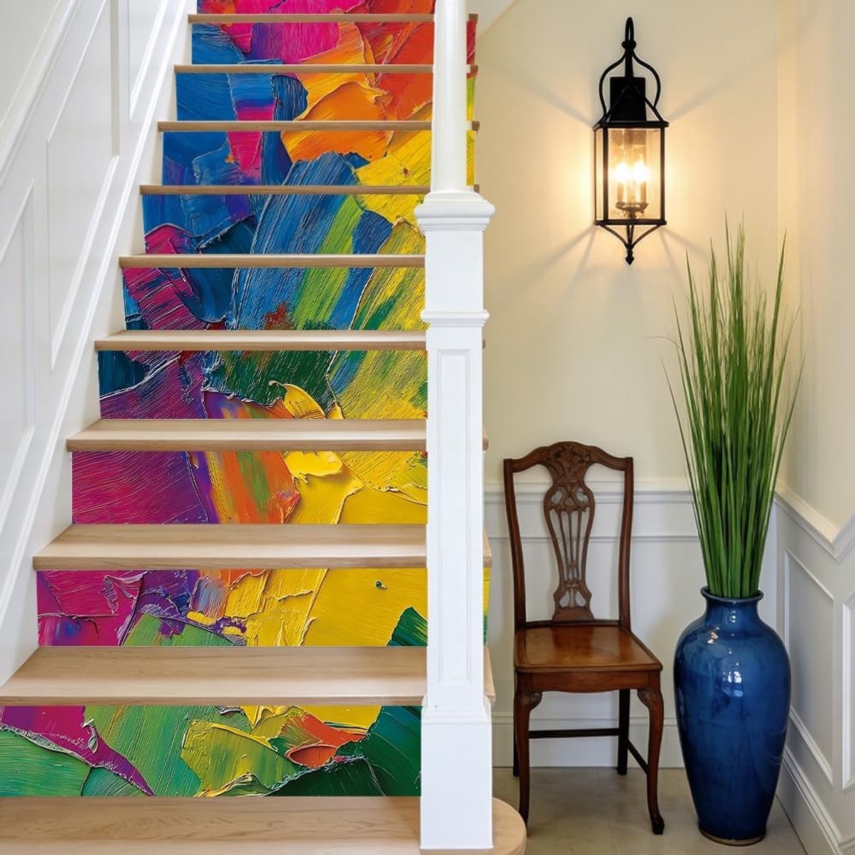 Set van 15 Zelfklevende Trapstickers met Abstracte Graffiti en Kleurige Olieverf - Waterdichte Wanddecoratie voor Trap, 100 x 18 cm