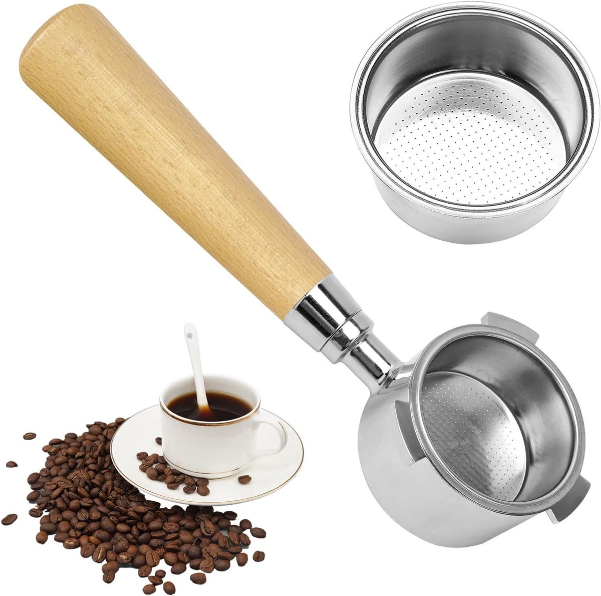 Filterhouder 51 mm voor DeLonghi EC680 / EC685, roestvrijstalen met 1-kops filter, ergonomische handgreep van notenhout, geschikt voor espresso en koffiezetten