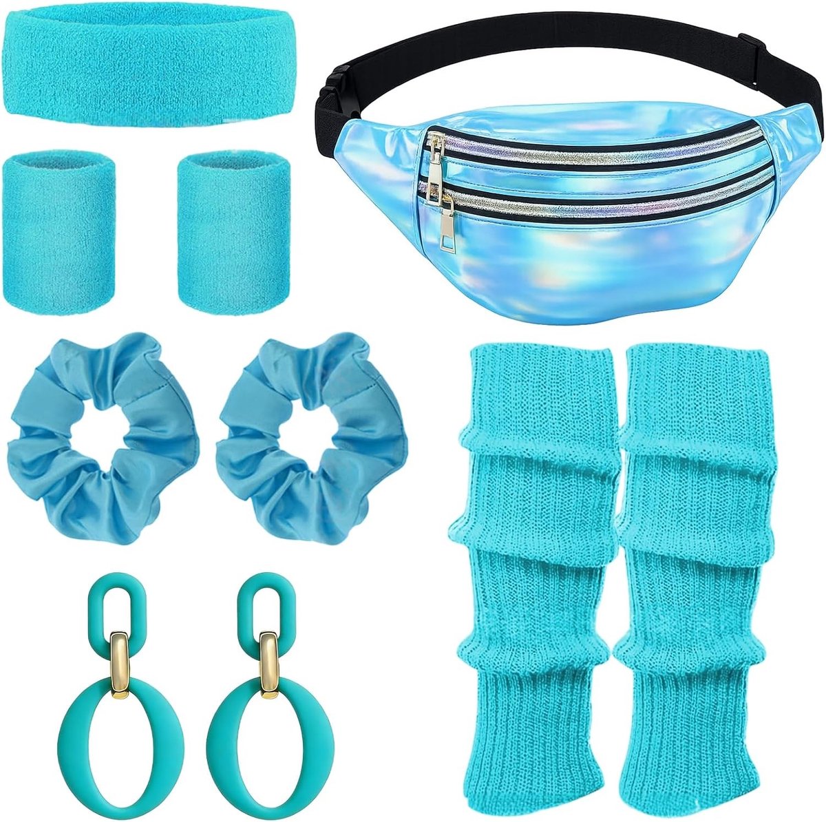 Retro 80s vrouwenoutfit met accessoires voor carnaval - kostuum met haarband, beenwarmers, oorbellen en heuptas