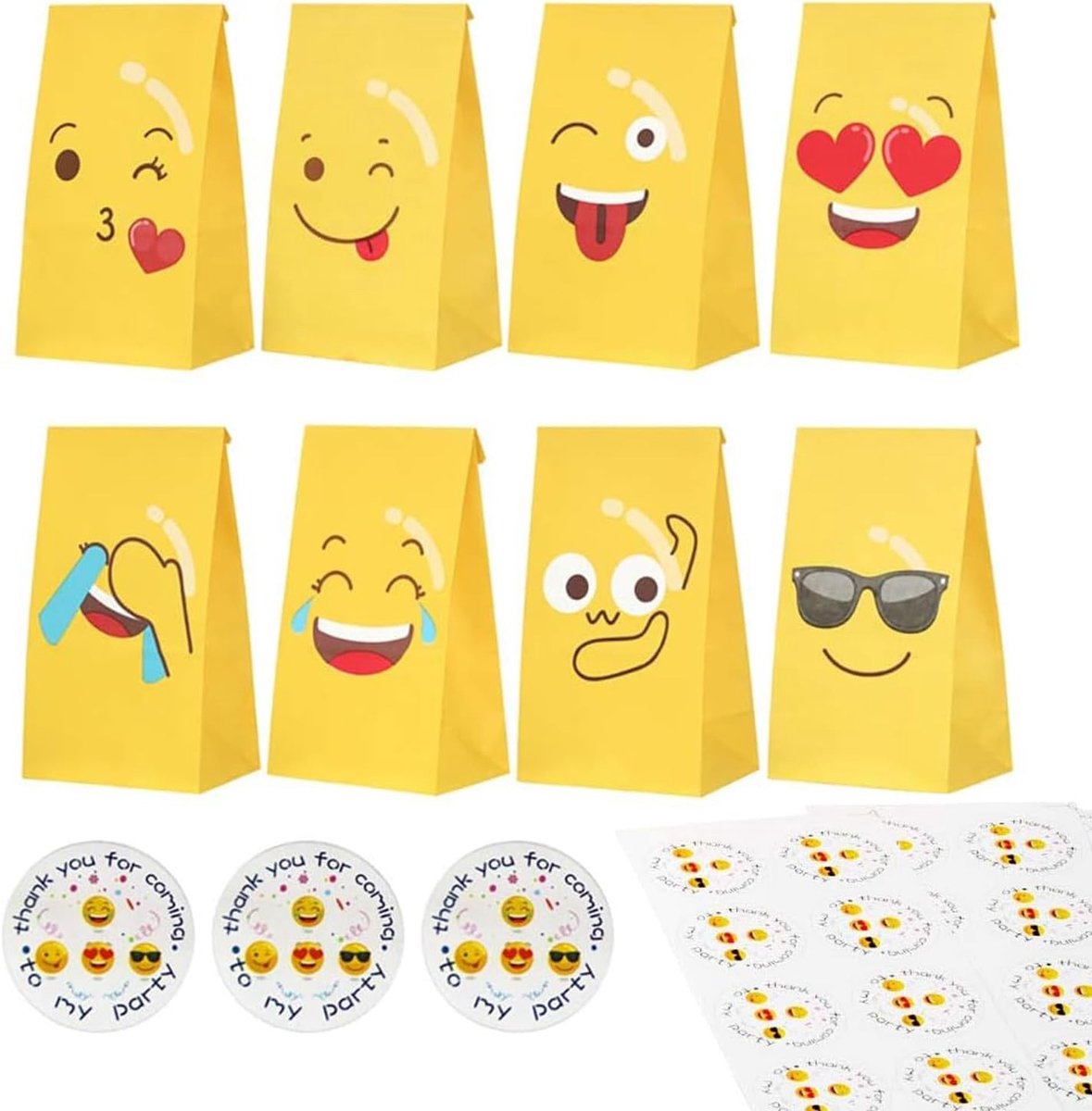 48 Stuks Kraft Papieren Cadeauzakken met Gezichtsuitdrukkingen, Feestzakken, Snoepzakken voor Verjaardagen en Bruiloften, Inclusief Stickers, 12 x 7 x 21 cm