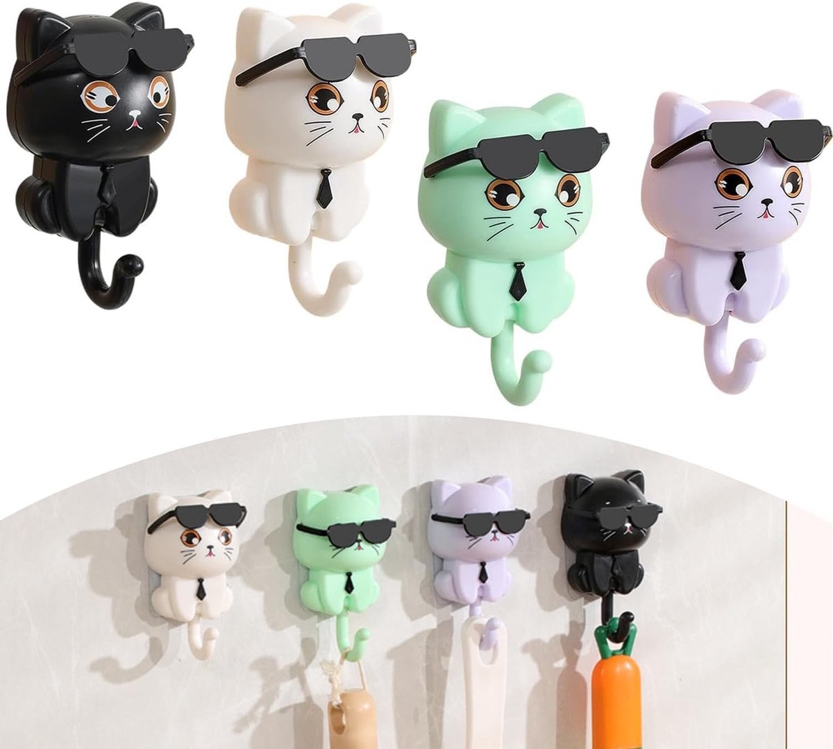 Set van 4 Zelfklevende Kledinghaken met Sleutelhouder, Schattige Kat Haken voor Sleutels en Zonnebrillen, Decoratieve Wandhaken voor Thuisgebruik en Opslag