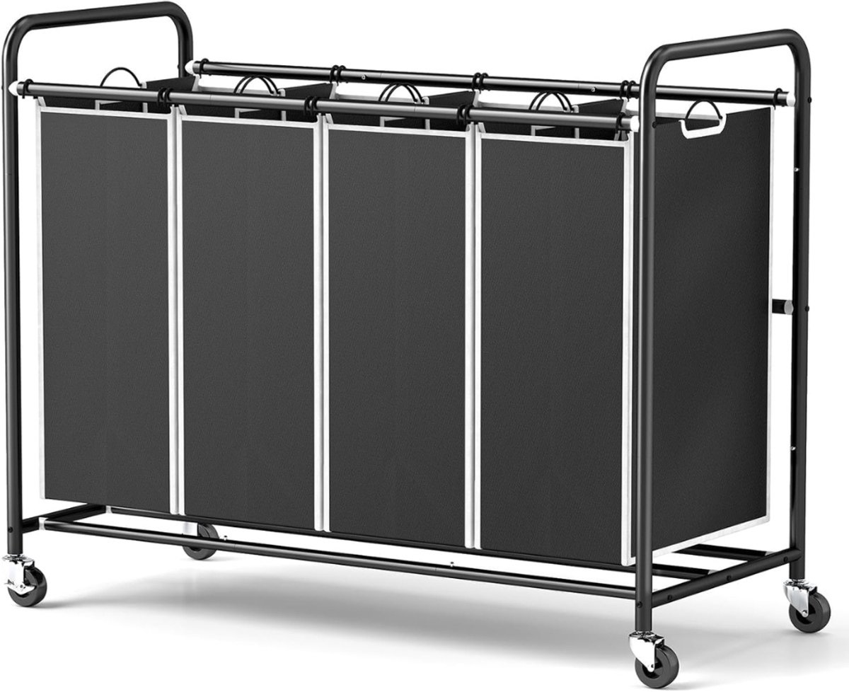 Allvia® Wasmand 4 Vakken - Wasbox - Wassorteerder - met Stevige Wielen - Zwart - 100cm x 43cm x 80cm