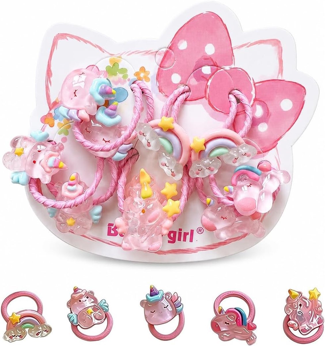 Set van 10 doorschijnende roze eenhoorn-haarelastiekjes, schattige haaraccessoires voor meisjes, perfect voor verjaardagen, feesten en cadeau's