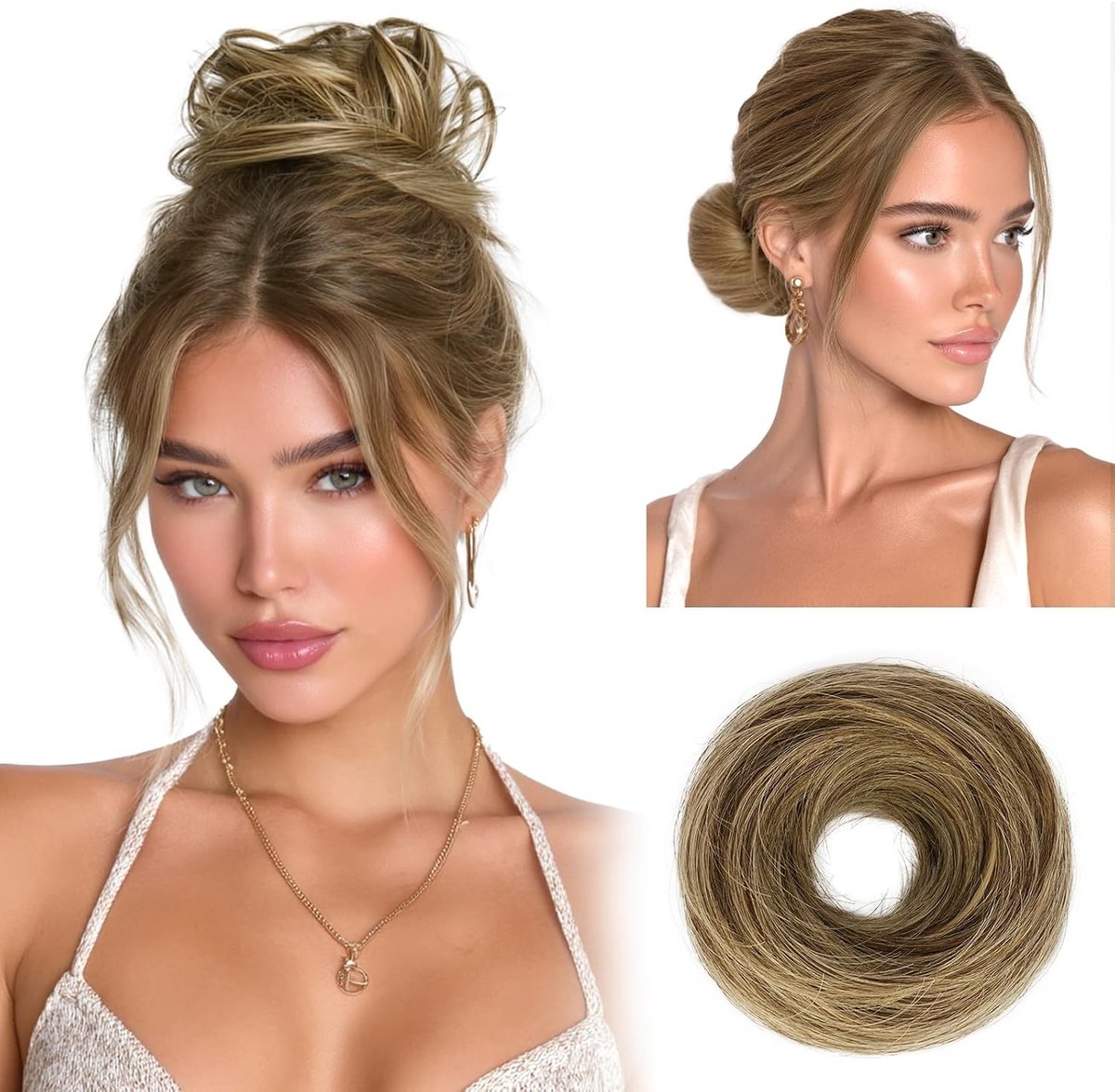 Messy Bun Haarstuk van 100% Menselijk Haar, Krullend en Golvend, Lichtgewicht Chignon voor Vrouwen in Chocoladebruin met Lichtgoud Blond, Perfect voor Updo's en Feestjes