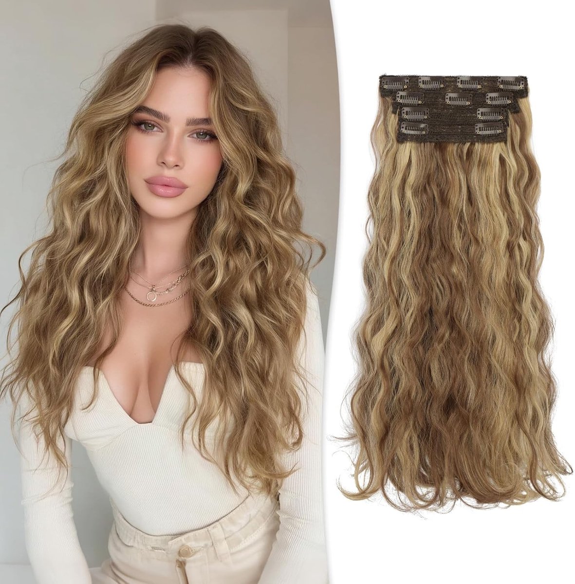 Lange Golvende Clip-in Haar Extensions van 45 cm, 4-delige Set Krullend Synthetisch Haar voor Dames in Lichtbruin en Blond Mengsel