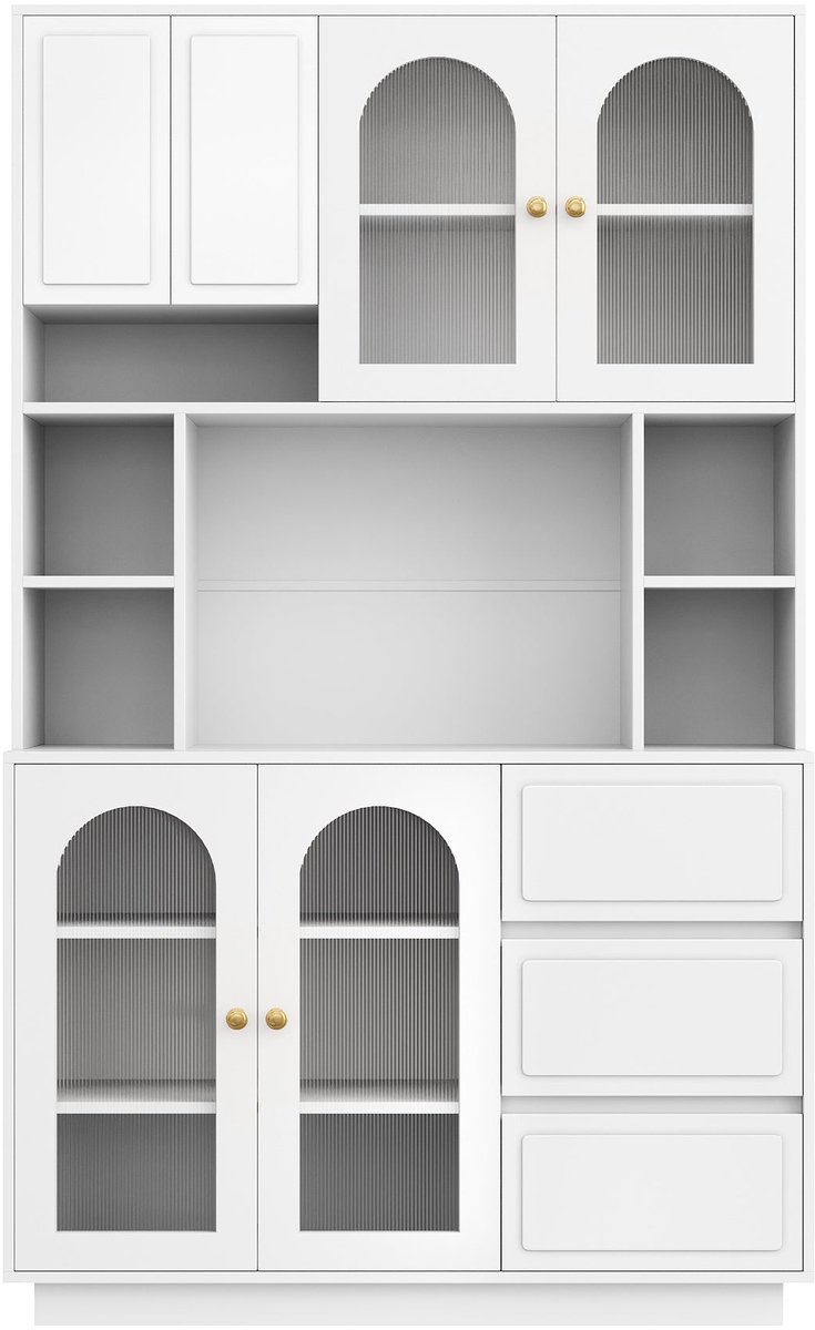 Merax Hoge Buffetkast met Acryl Deuren - 106 x 30 x 175 cm - Wit - Ledverlichting - 3 Lades - Open Vakken