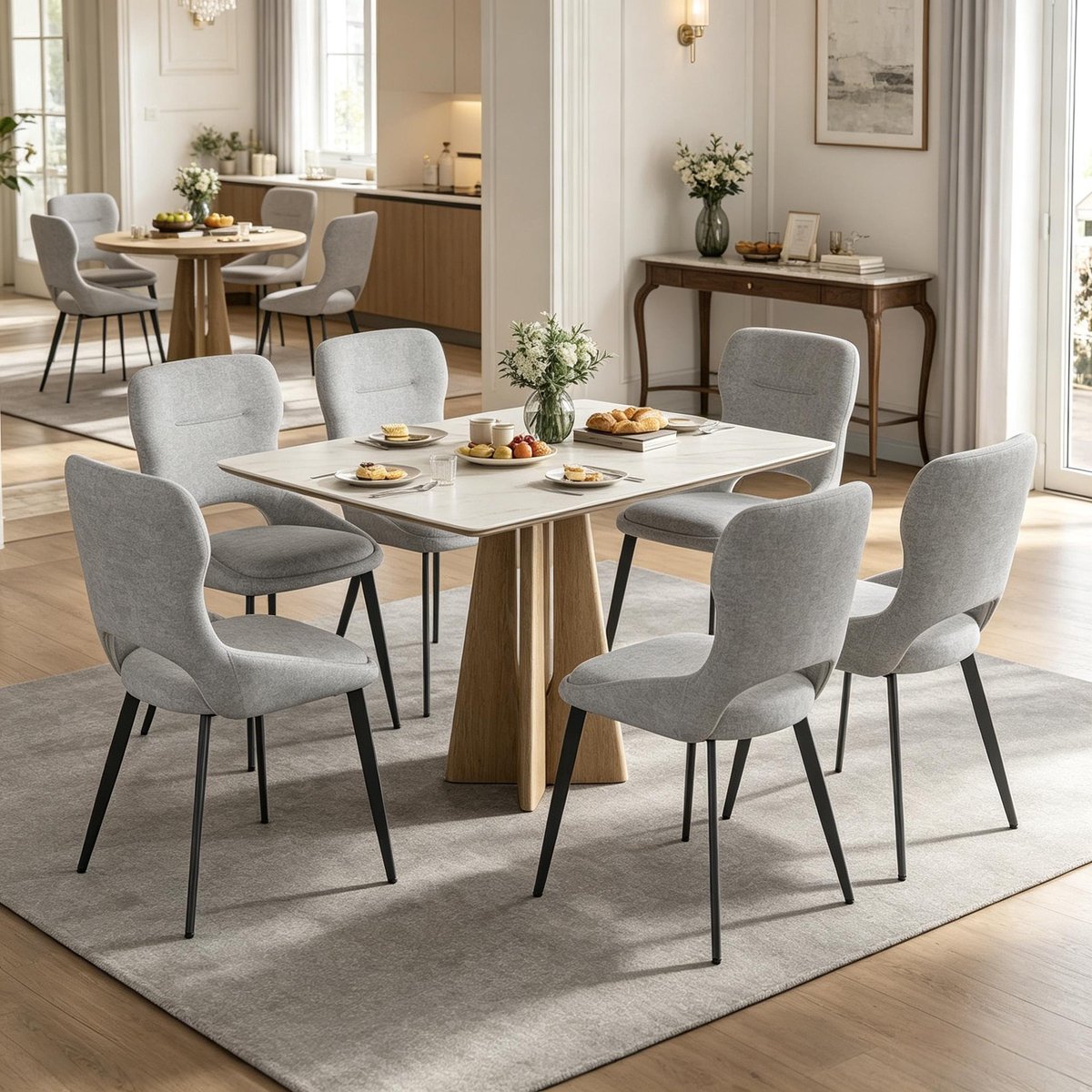 Welltin Eetkamerstoel - Set van 6 - Moderne Accentstoel - Woonkamerstoel - Gestoffeerde Stoel - Dressingstoel - Comfortabele Zitstoel - Stijlvolle Interieurstoel - Grijs