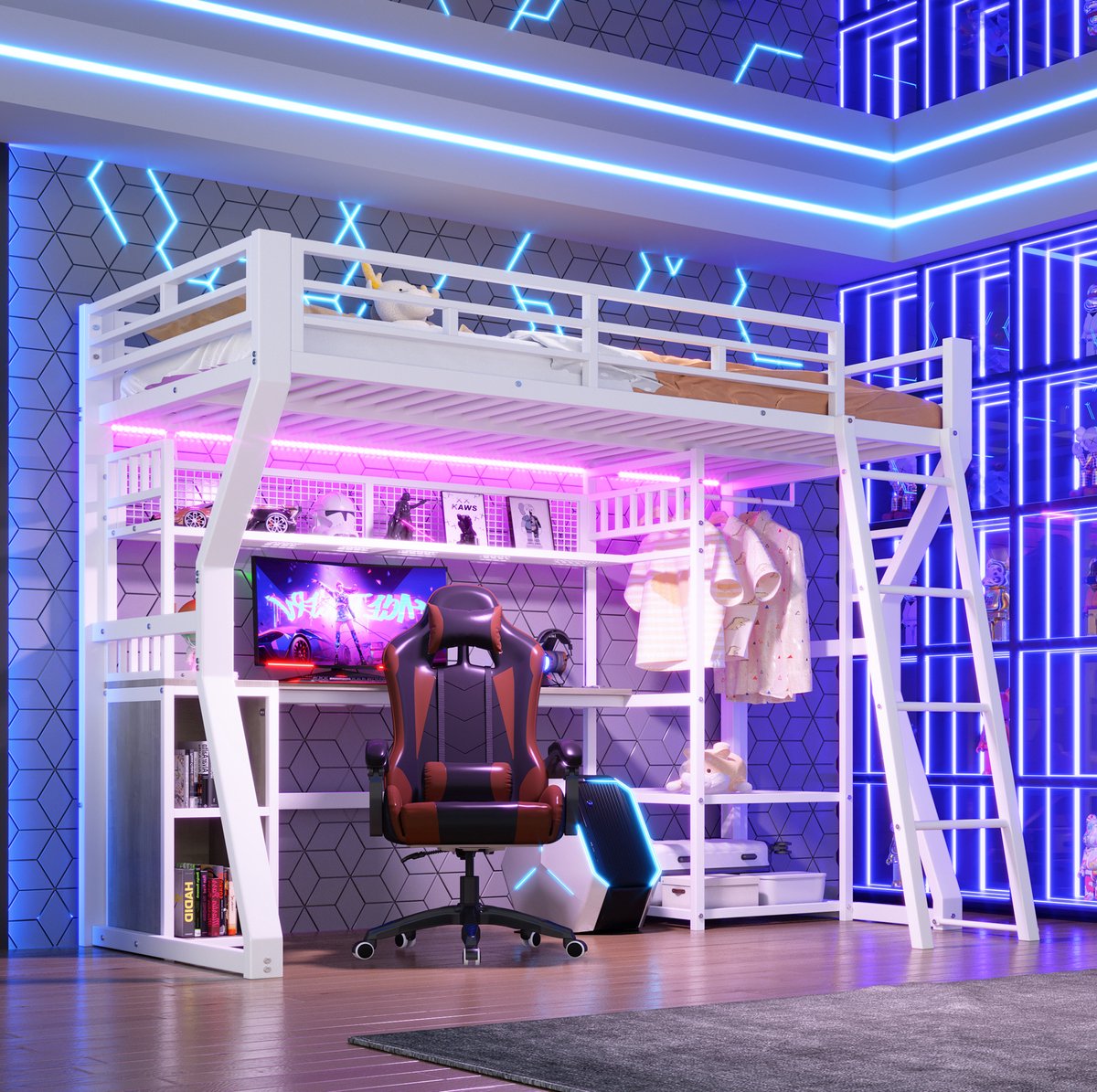 Wishdor Hoogslaper met bureau - Met verlichting en stekkerdoos - Met opbergruimte en hanggedeelte - Metaal en MDF - Wit - 90 x 200 cm - Voor kinderen