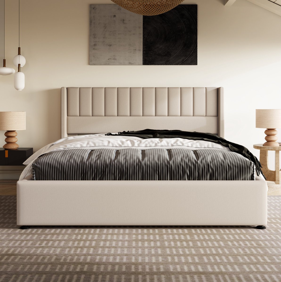 Wishdor Tweepersoonsbed 180x200 cm - Hydraulisch opbergbad - Gestoffeerd hoofdbord - Modern design - Houten lattenbodem - Beige bedframe voor slaapkamer