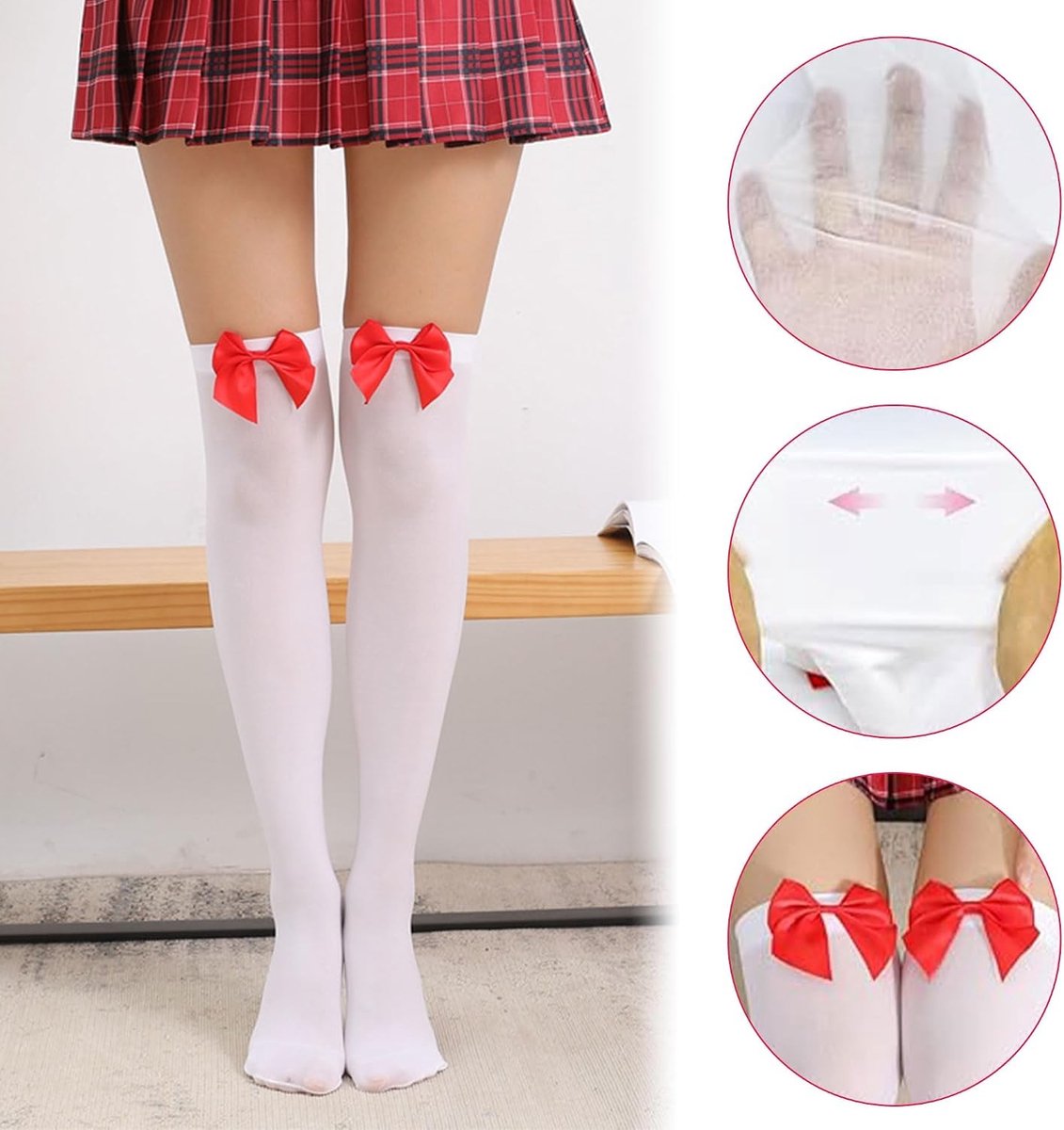 Overknee Kousen voor Dames met Strik - Stretch Hoge Sokken voor Feestdagen en Carnavals - Witte Kousen in Één Maat