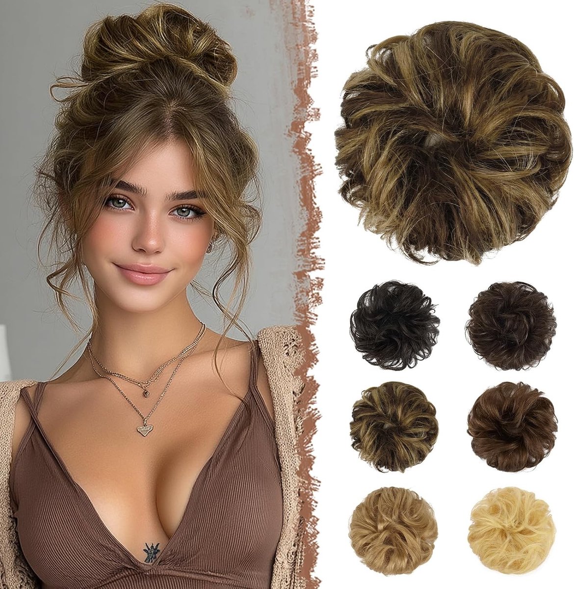 100% Menselijk Haar Bun Extension, Rommelige Bun Haarstuk, Krullend Haar Scrunchie voor Vrouwen en Meisjes, Opsteken, Donut Haaraccessoire, Bruin Gemengd met Blond