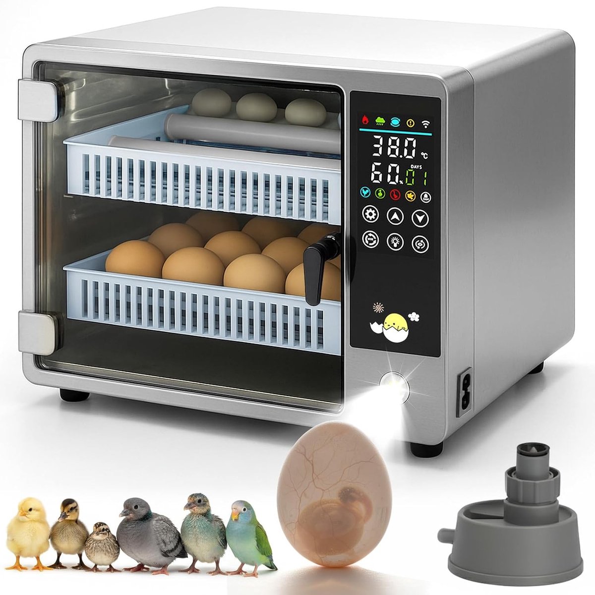 Volautomatische incubator voor 20-24 eieren met automatische draaiing en vochtmonitoring, 5 incubatiemodi, geschikt voor kippen, eenden, ganzen en kwartel eieren