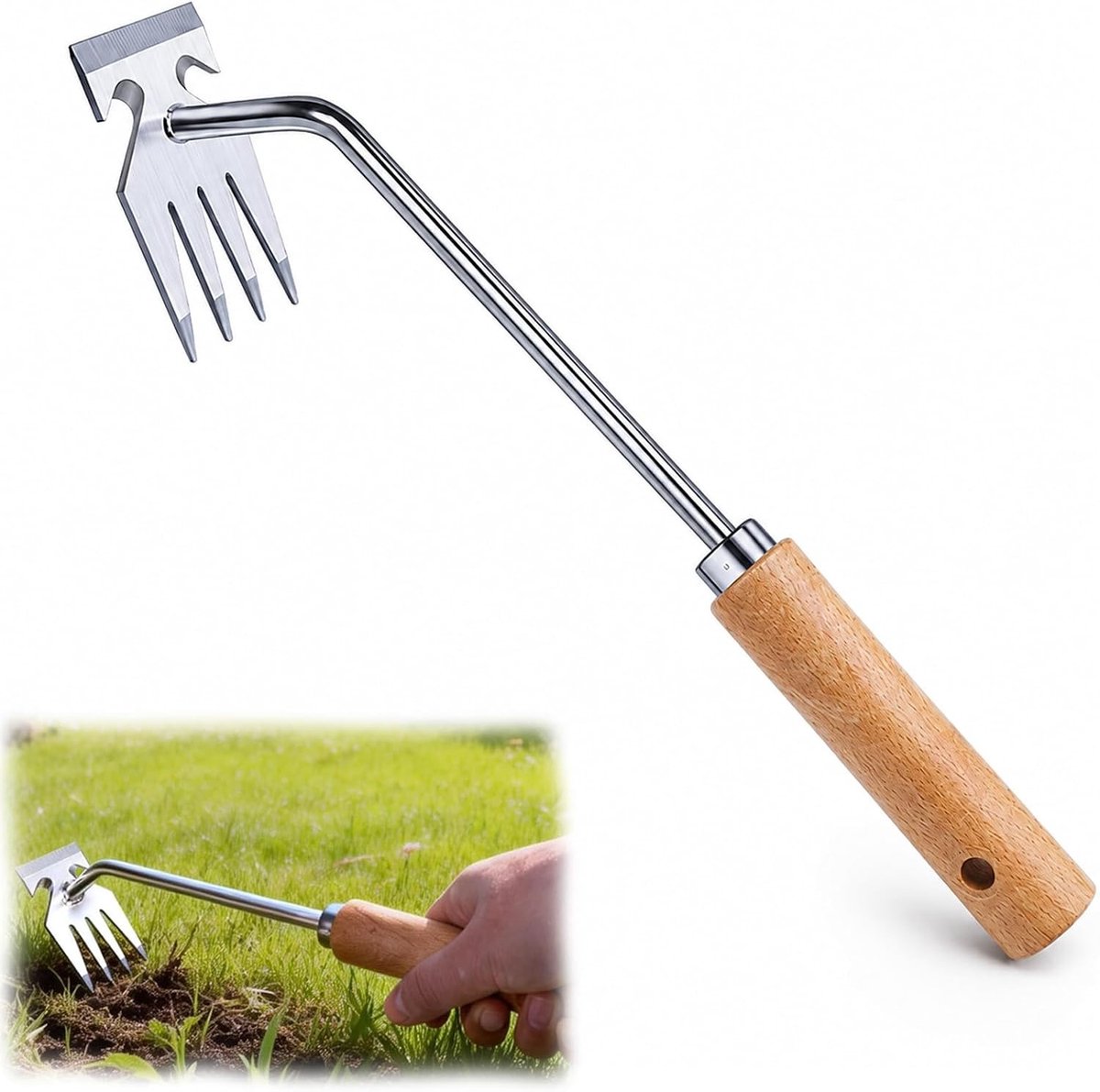Robuuste onkruidverwijderaar met houten handvat voor effectieve tuinonderhoud, grondverzachting en onkruidbestrijding