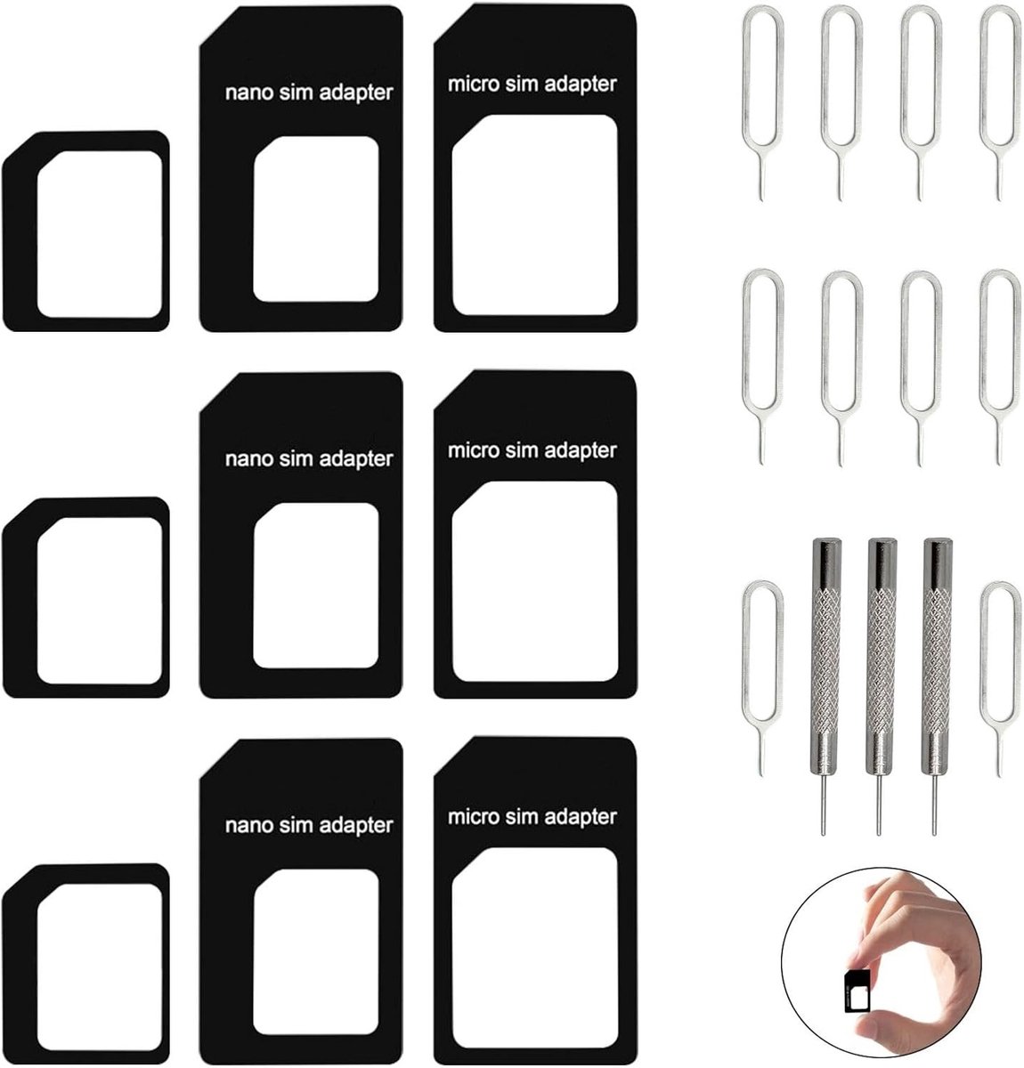 16-delige 4-in-1 SIM Kaart Adapter Set met Eject Naald, Nano naar Micro, Nano naar Standaard, Micro naar Standaard, SIM Kaart Extractor en Verwijder Tool voor Gemakkelijk Gebruik