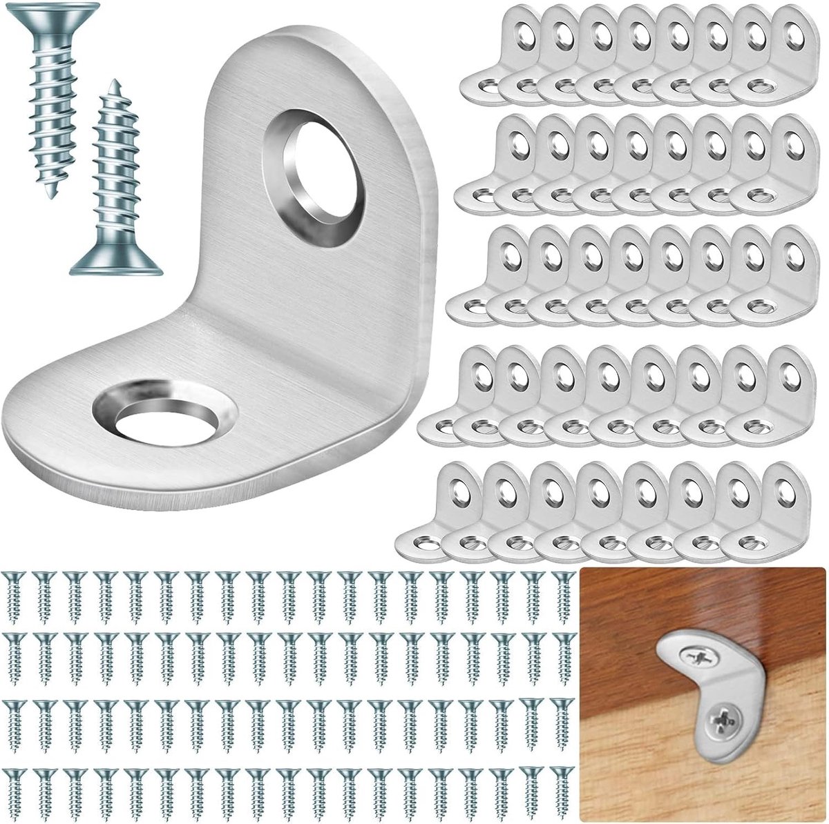 Hoekbeugels 40 stuks L-vormige beugels 90 graden voor hout, meubels en kasten met schroeven (20MM), zilver