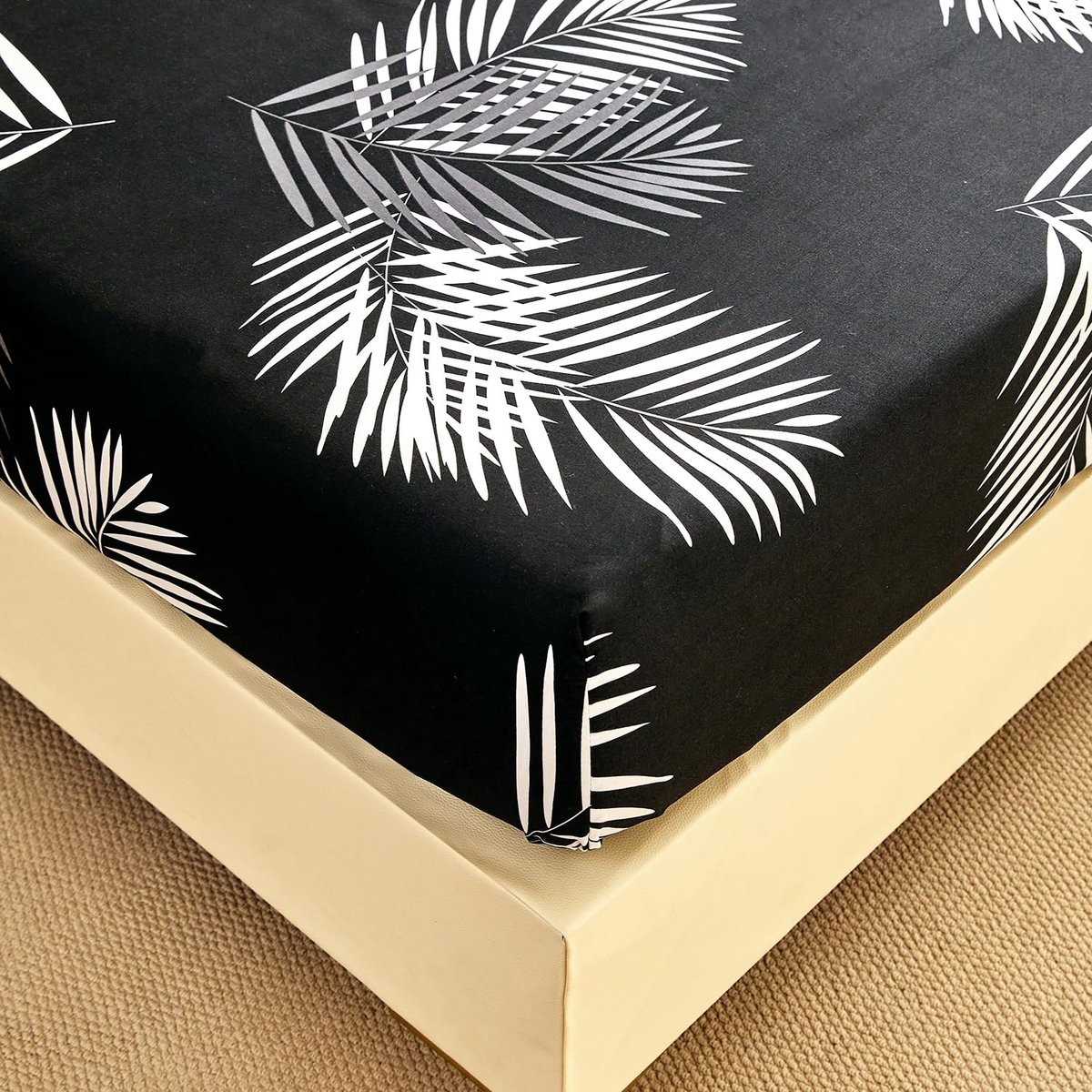 Hoeslaken 200 x 200 - tropisch bladerpatroon zwart - zacht polyester microvezel - perfect voor een luxe uitstraling - ShopVlot