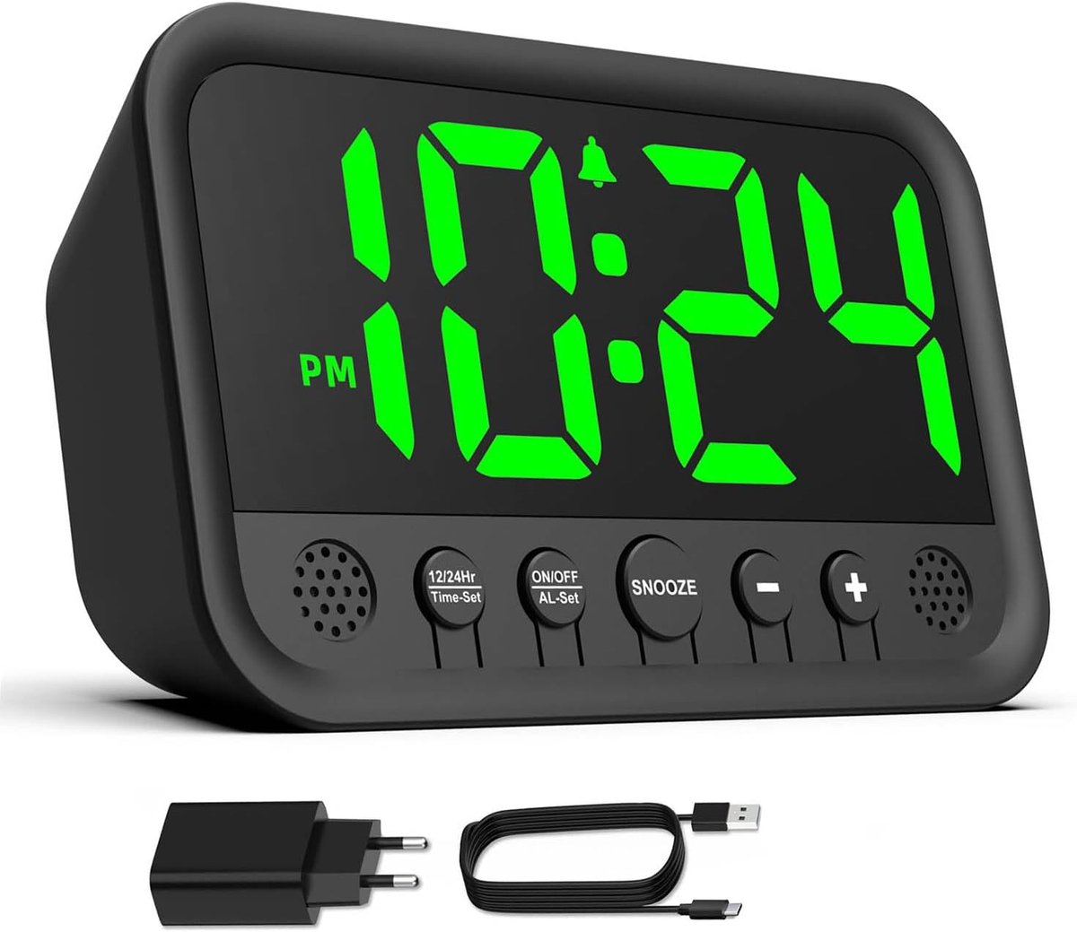 Digitale wekker met groene led-indicator voor de slaapkamer, hoge wekker voor diepe slapers, wekker op netstroom (adapter meegeleverd) met instelbaar volume, helderheid, snooze-functie en 12/24-uurs weergave.