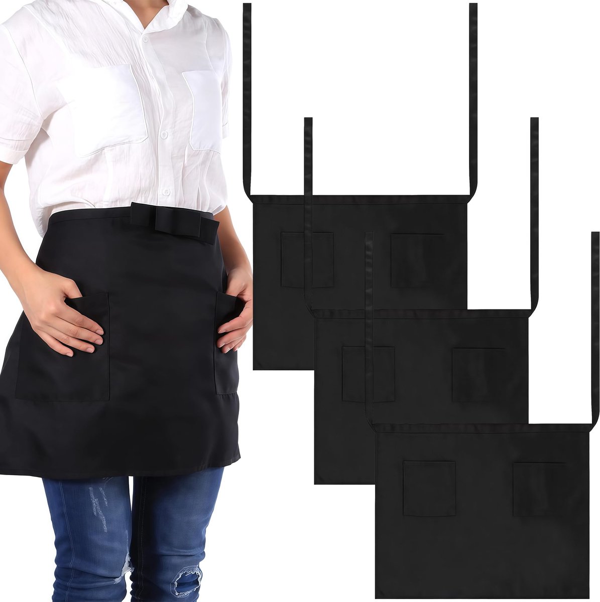 Korte ober schort zwart - voorbind schort voor dames en heren - taille schort met zakken - waterdicht voor restaurant - ShopVlot