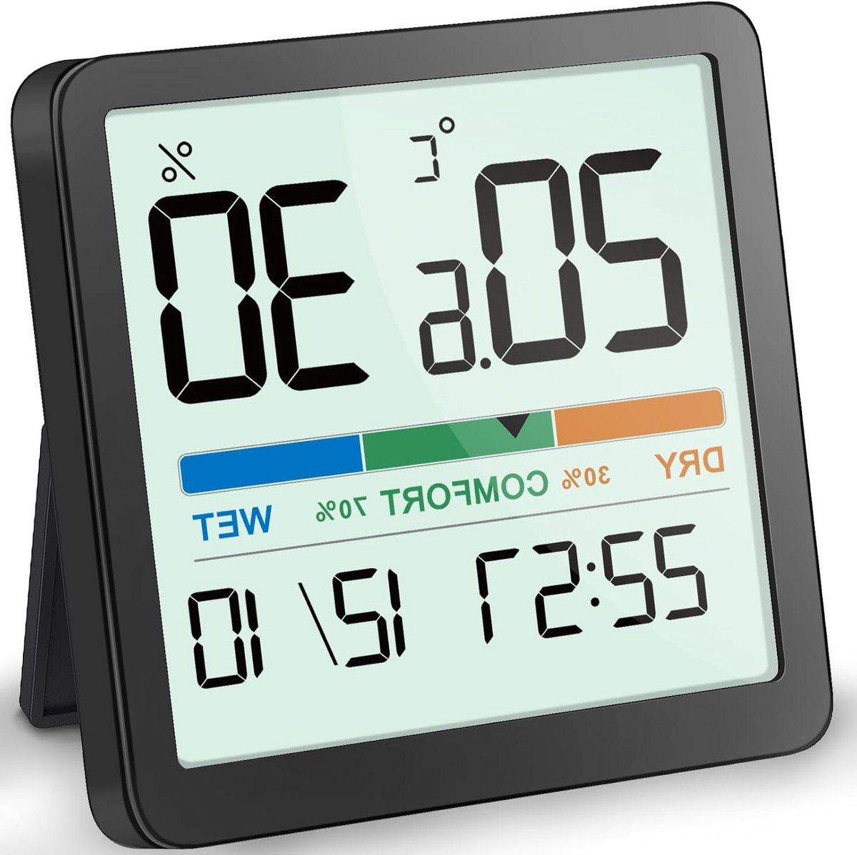 Digitale thermometer hygrometer - Klimaatmeter binnen - Binnenklimaat monitoren - Kleurrijke comfortindicator - 7 x 7 cm - Zwart