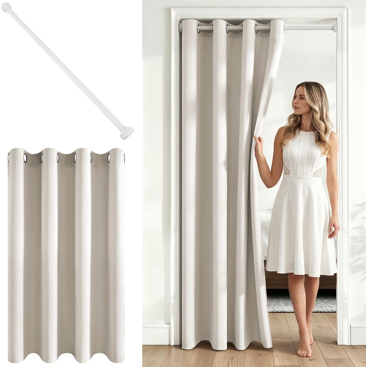 Deurgordijn lichtbeige H 210 x B - zonder boren - met stang - ideaal voor privacy - ShopVlot