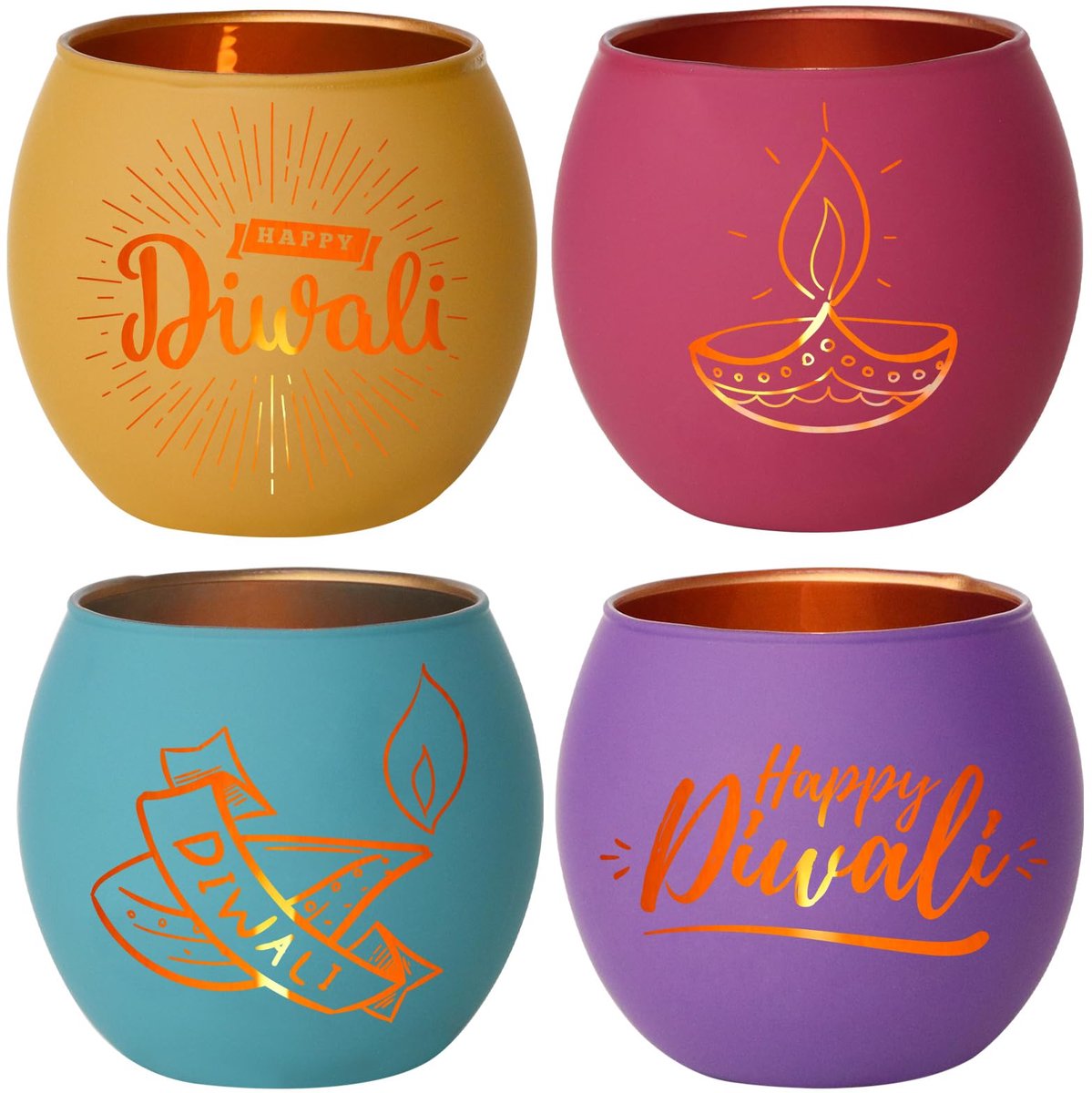 Theelichthouders set van 4 - glazen met Happy Diwali & Diya-gravure - traditionele Indiase decoratie - ShopVlot