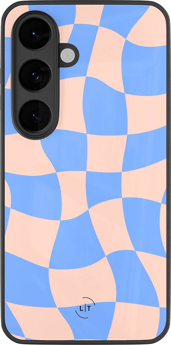 Hoesje geschikt voor Samsung Galaxy S26 - Wavy checkboard - Luxe Glazen Hardcase - Print / Illustratie - Paars
