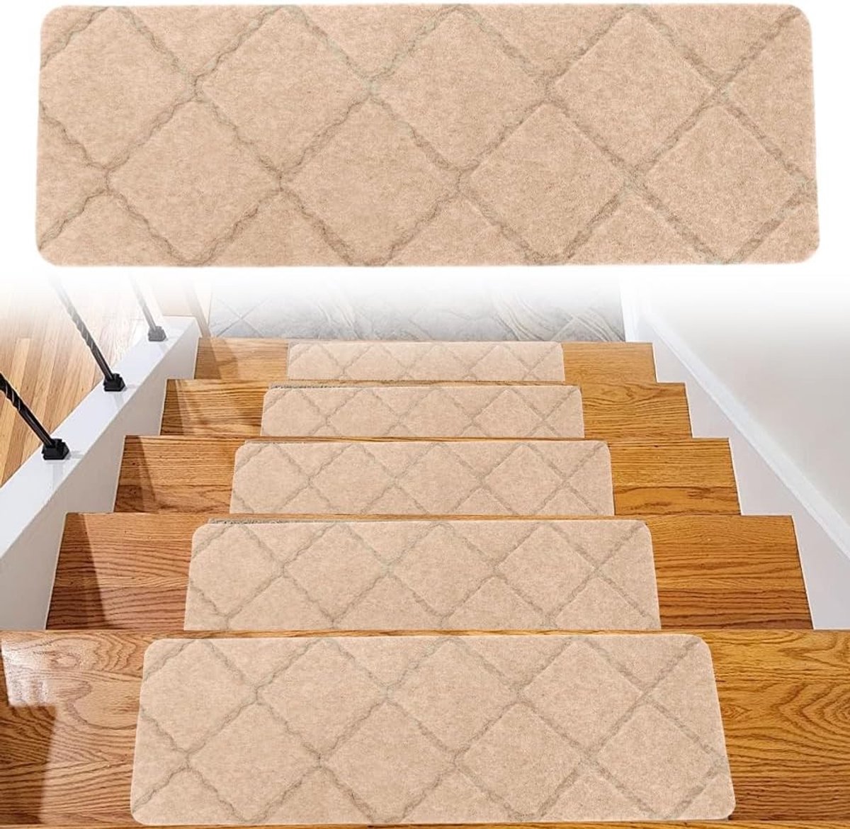 Zelfklevende Trapmatten Set van 15 Stuks 55 x 19 cm voor Binnen, Geschikt voor Houten, Tegels en Marmervloeren (Beige)