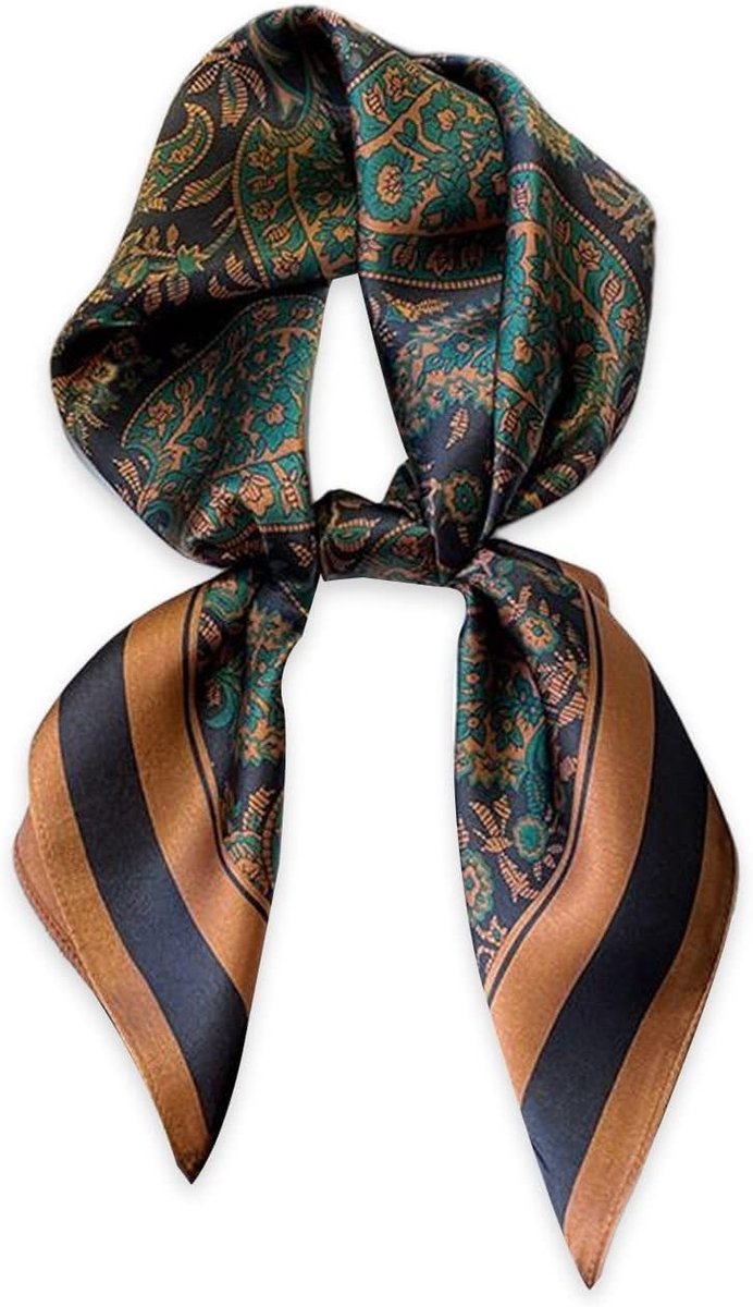 Zijde Sjaal voor Dames 70x70cm met Houndstooth en Paisley Patroon - Elegante Neckerchief en Haarband in Groen en Bruin
