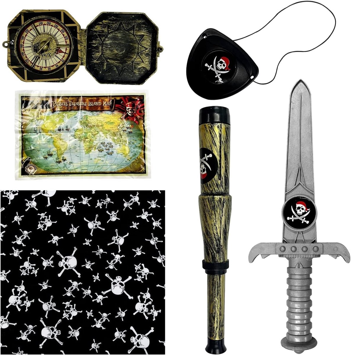 Piraten kostuumaccessoires: 6 sets met oogmasker, schedel haarband en Halloween decoraties voor themafeesten