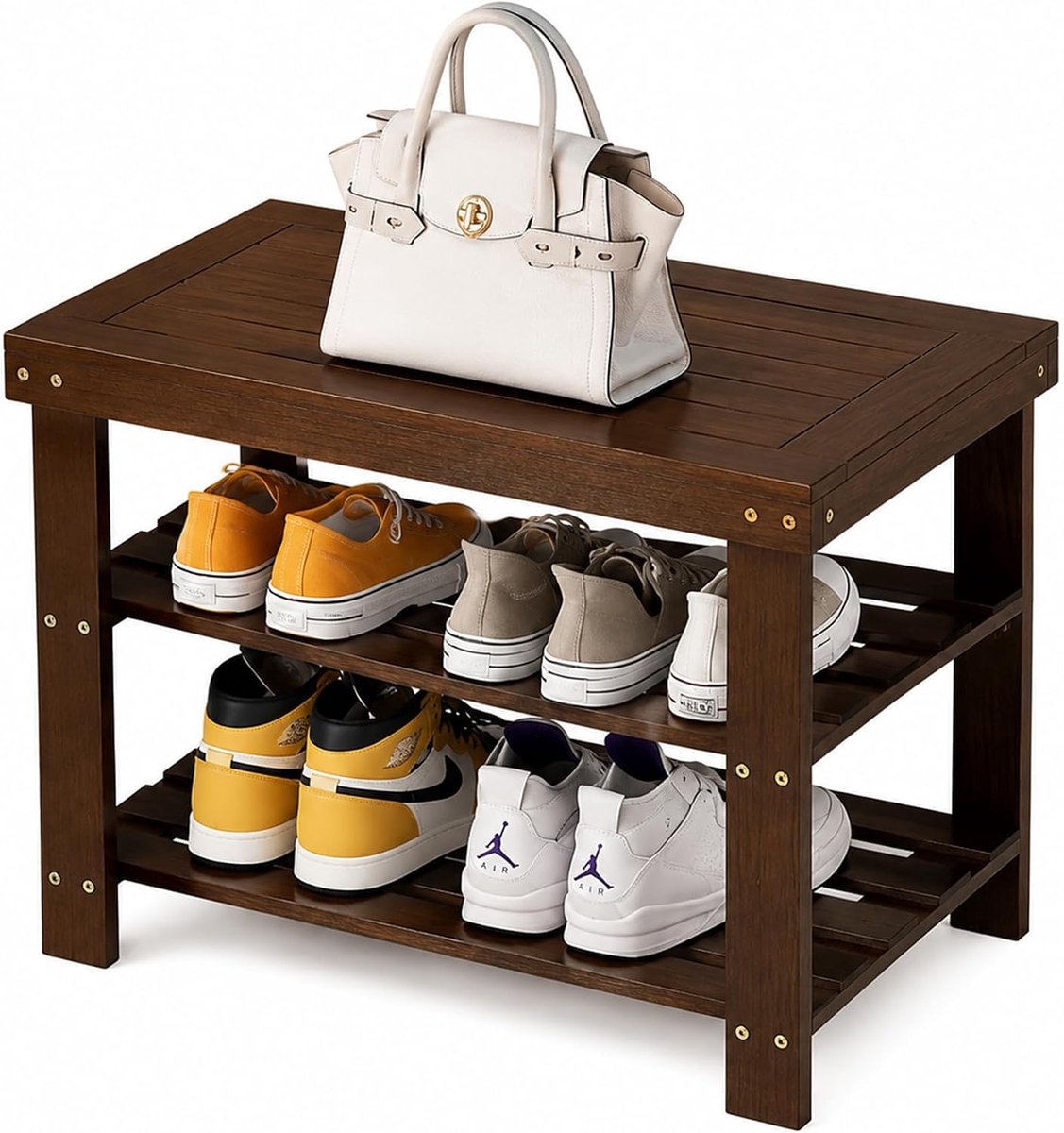 3 Tier Bamboe Schoenenrek Bank met Zitting voor Entree & Hal, 50cm - ShopVlot