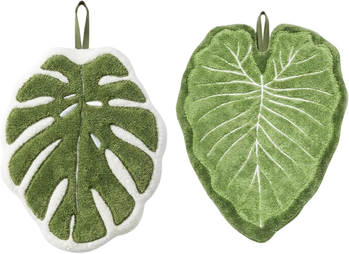 Handdoeken set van 2 - groene zachte handdoeken - Monstera-blad design - absorberend voor badkamer en keuken - ShopVlot