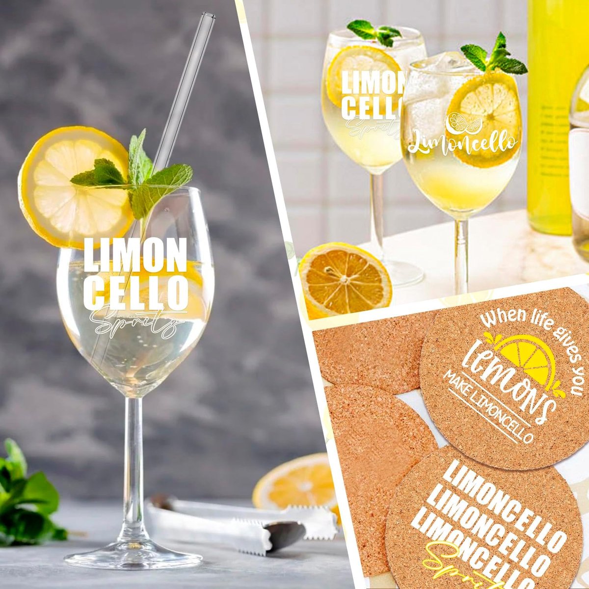 Limoncello set van 2 glazen - premium aperitiefglazen - rietjes en kurken onderzetters - perfect voor aperitieffans - ShopVlot