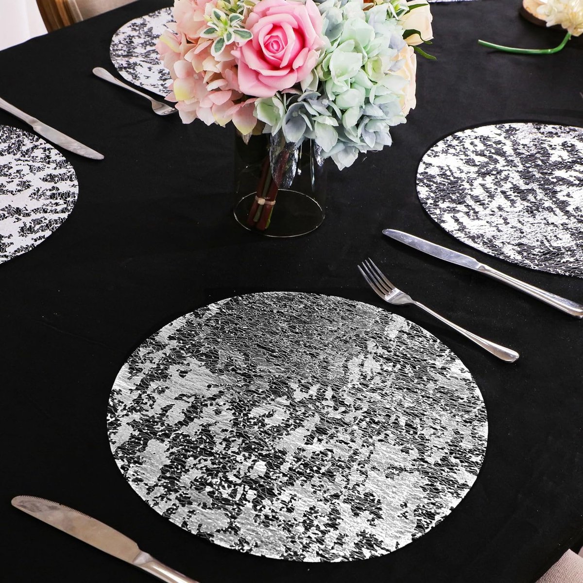 Placemat 12 stuks - ronde zilveren dubbelzijdige placemats - netachtig met glitters - perfect voor feesten - ShopVlot
