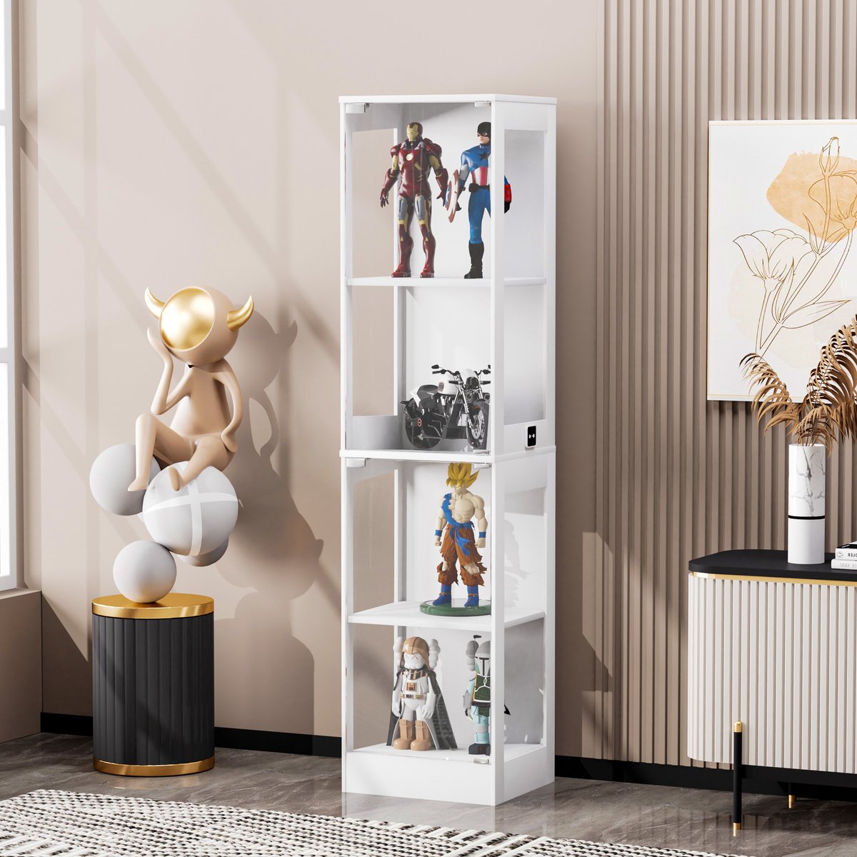 Wishdor Vitrinekast met LED-verlichting en bewegingssensor - 4 lagen - glazen deuren - wit - MDF en glas - Staand model voor woonkamer, slaapkamer en kantoor - 40 x 35 x 165 cm