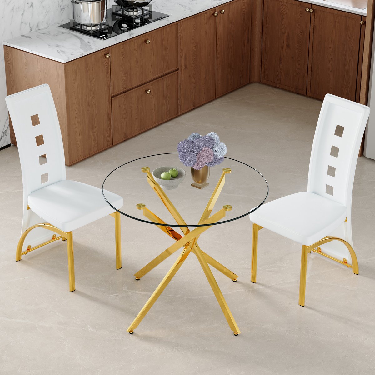 Wishdor Set tafel en stoelen - Ronde eettafel 88 cm - Gehard glas en metalen frame - Modern design - 2 stoelen - Wit en goud - Voor eetkamer en open keuken
