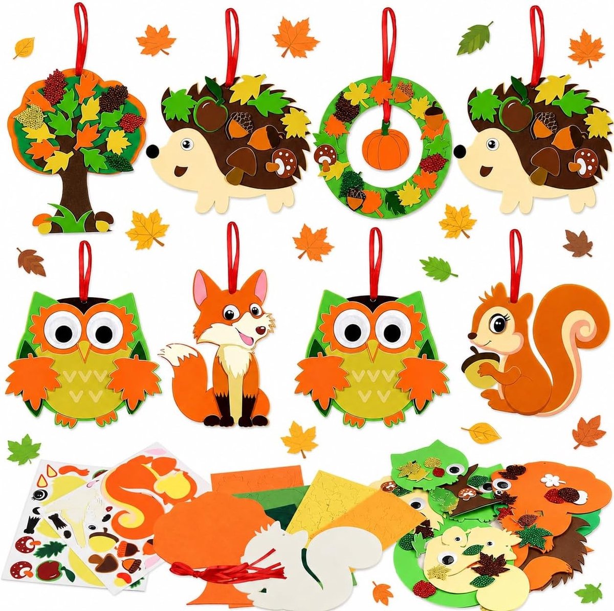 8 Stuks Herfst Knutselset voor Kinderen, DIY Creatieve Dieren zoals Egel, Uil en Eekhoorn met Bladeren en Kransen