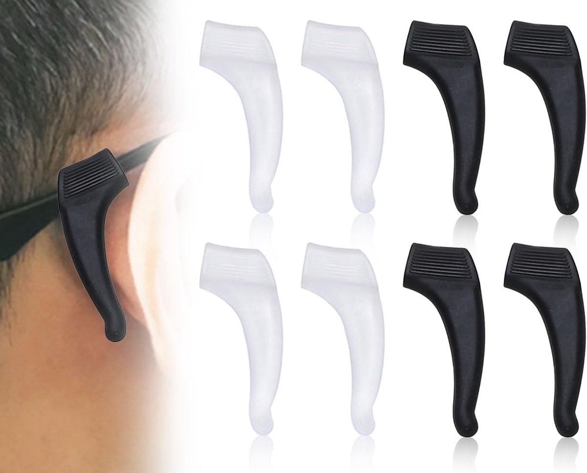 4 Paar Oogglazen Oordopjes, Siliconen Haakjes voor Brillen, Antislip Covers en Houder Set (Zwart & Transparant)