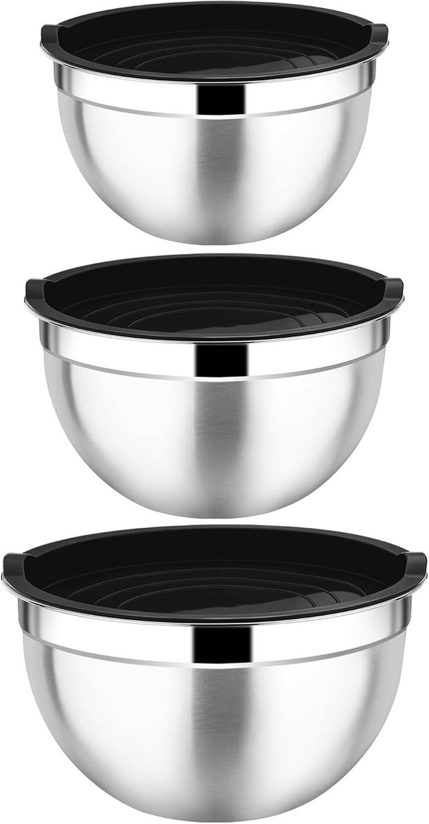 Mixkommen Set van 3 RVS Mengkommen met Luchtdichte Deksel, Stapelbare Saladeschalen voor Bereiden en Serveren, Vaatwasserbestendig, Capaciteit 4.5L/2.7L/1.5L