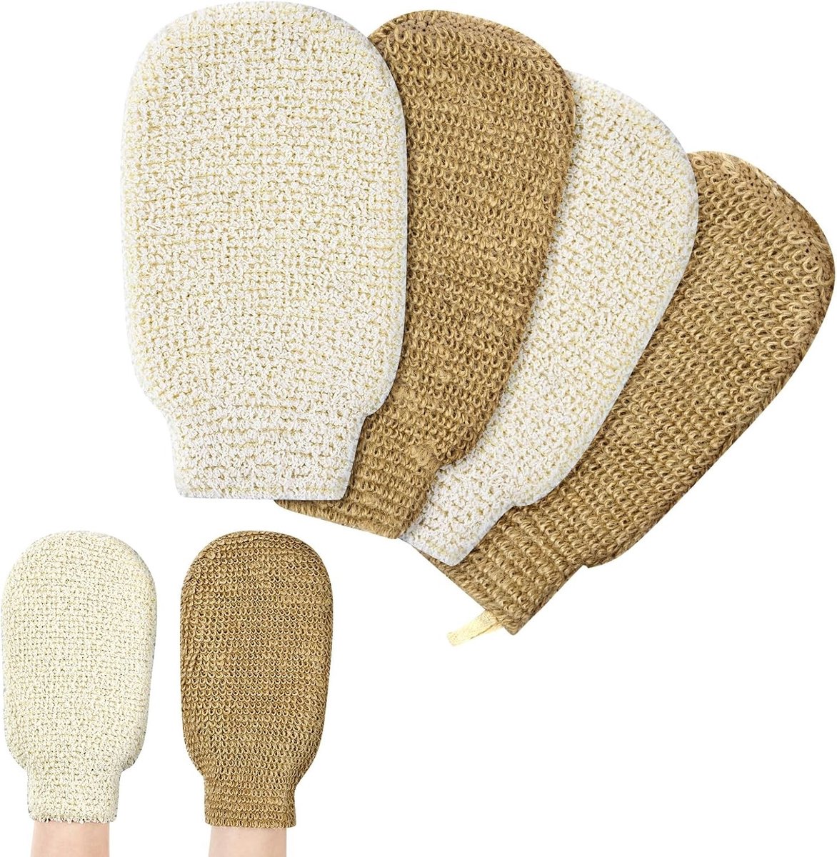 Natuurlijke Jute Exfoliatiehandschoenen | Set van 4 Dubbelzijdige Scrub Mitts voor Diepe Reiniging en Verzorging van de Huid | Perfect voor Douche en Cadeaus