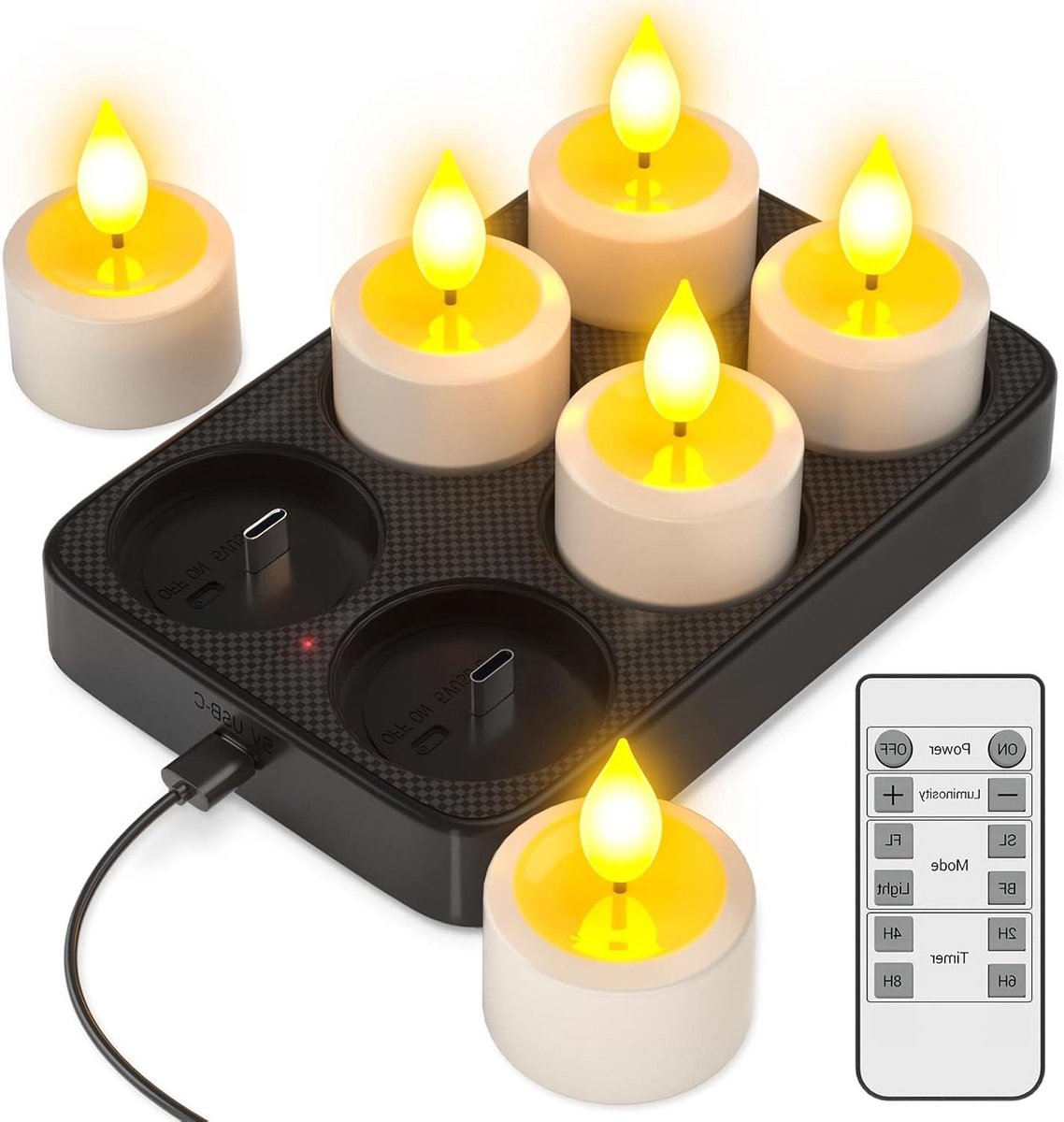 Oplaadbare LED Kaarsen - Theelichtjes Set - Sfeerverlichting Creëren - Met Laadstation - 6 Stuks - Wit