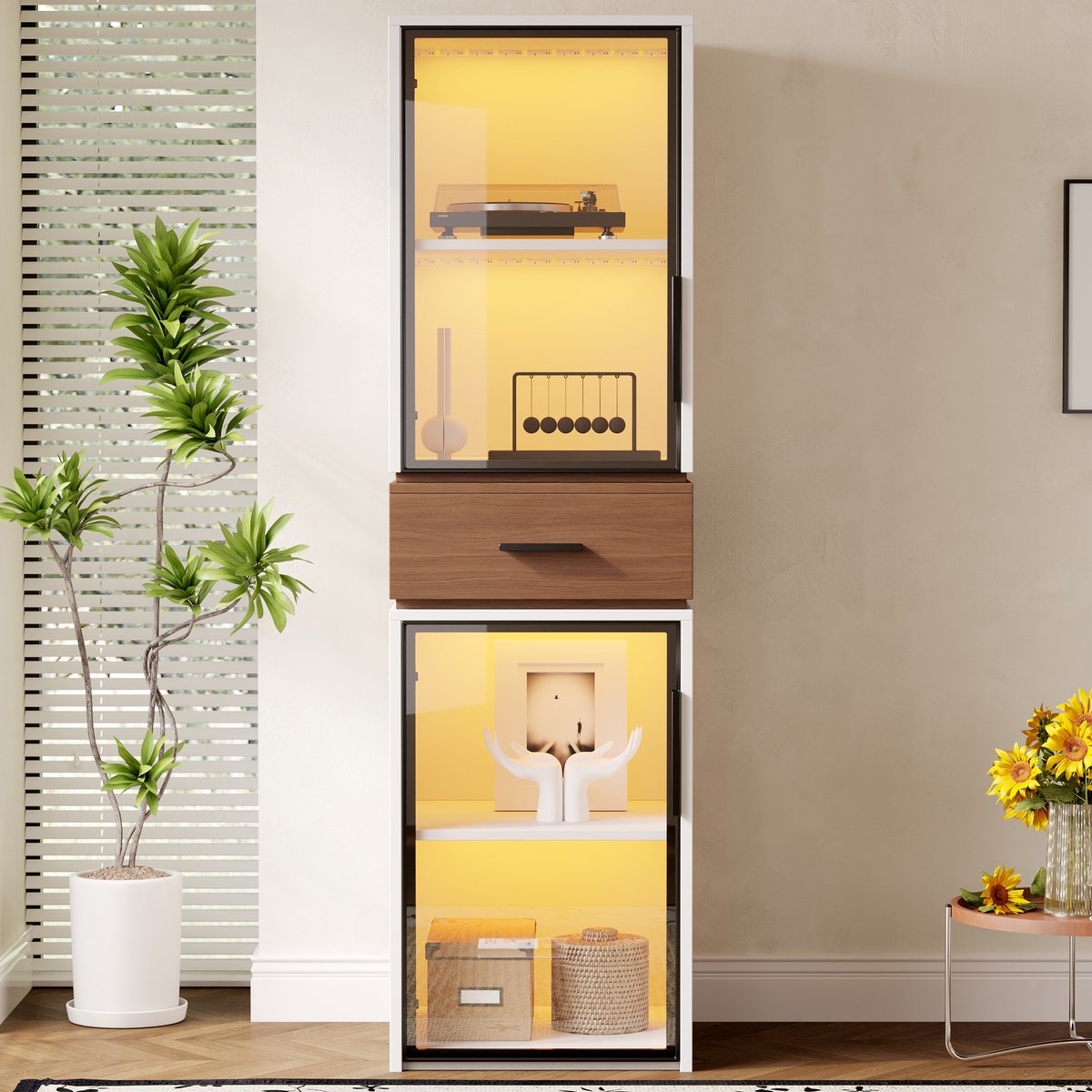 Wishdor Vitrinekast met LED-verlichting - Smal ontwerp voor kleine ruimtes - Twee glazen deuren en lade - Modern - MDF en glas - Wit - 40 x 40 x 200 cm